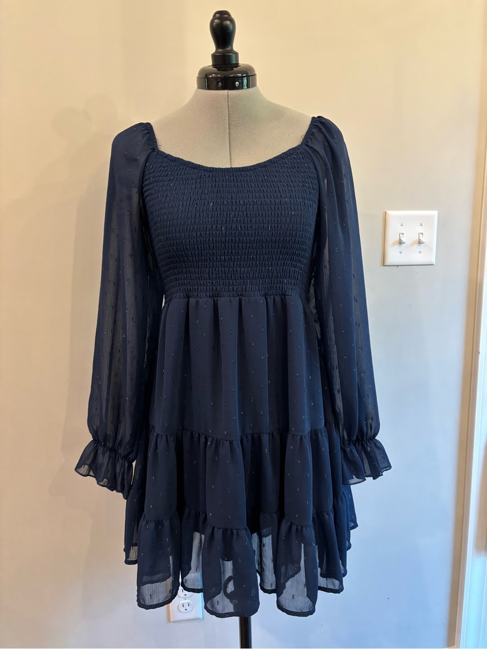 Altar'd State Navy Smocked Tiered‎ Mini with Sheer Sleeves 0147